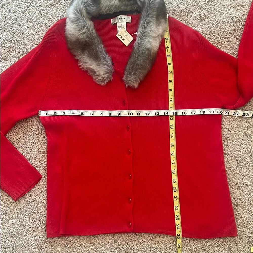 NWT❤️KIKIT Vintage Red Cardigan Detachable Faux Fur Collar Size Large
